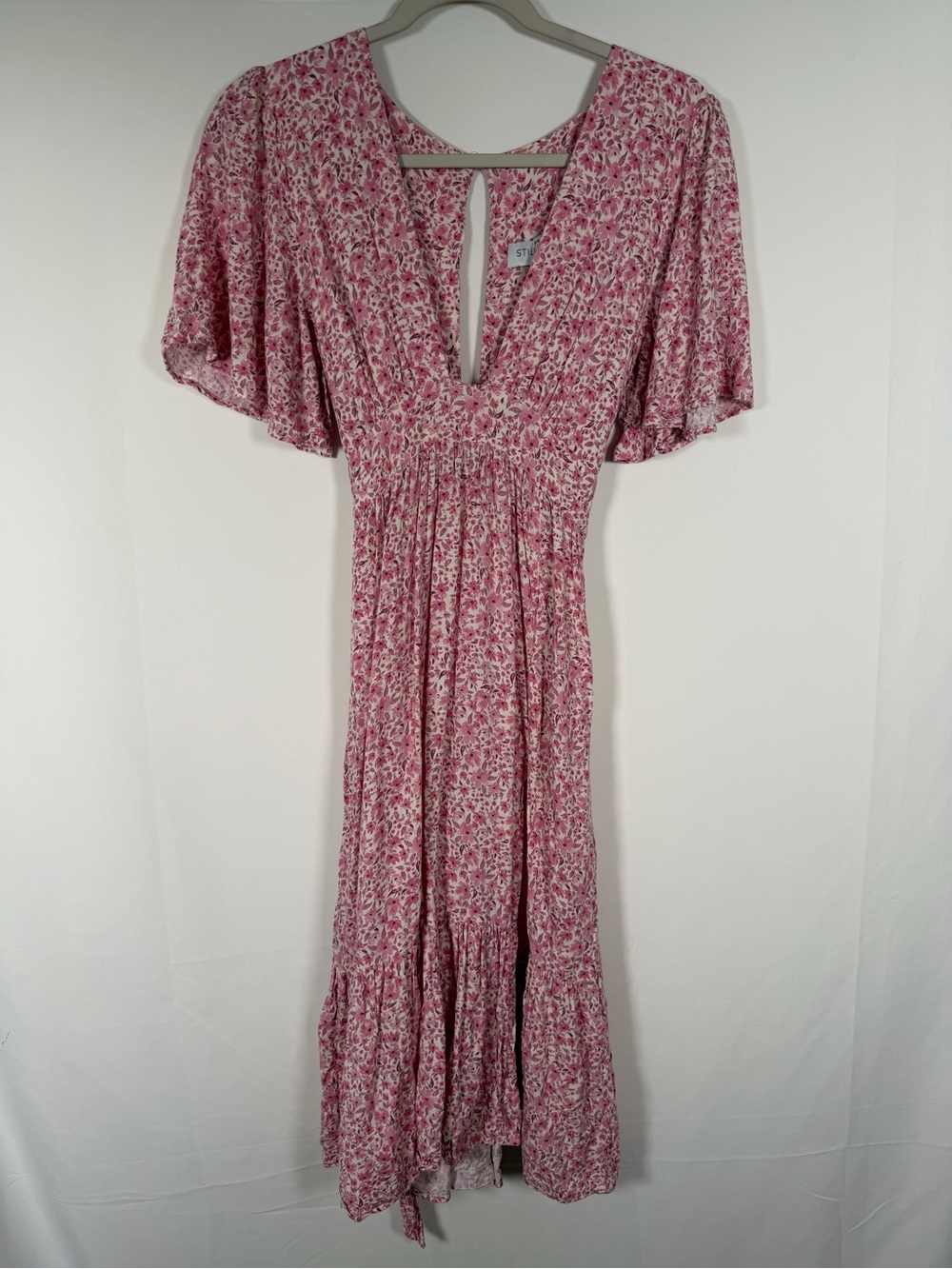 Stillwater Cottage Smocked Waist Open Back Pink Floral Midi Dress